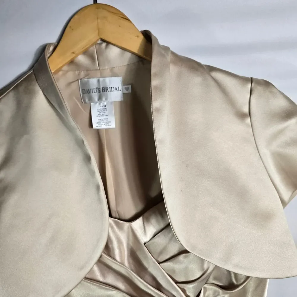 David’s Bridal Champagne Satin Gown w/ Bolero Formal Evening Dress Size 10/12